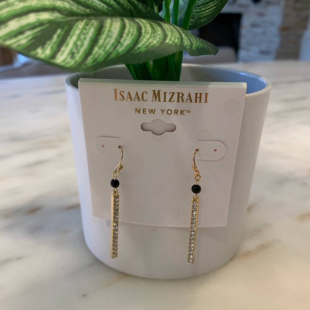 NWOT Issac Mizrahi Gold Tone Drop Bar With Rhinestones Earringss